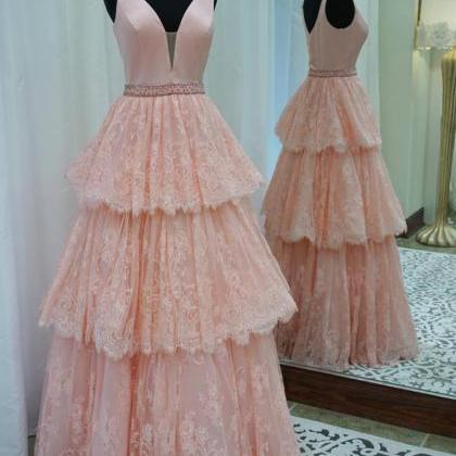 A-line V-neck Lace Prom Dress,pearl Pink Formal..