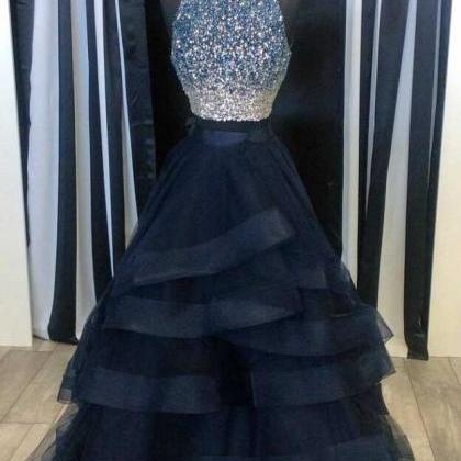 Pretty O-neck Two Pieces Tulle Prom Dresses,navy..