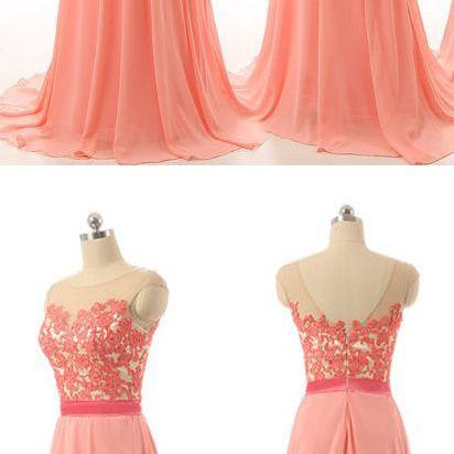 Light Coral Lace Chiffon Prom Dresses High Neck..