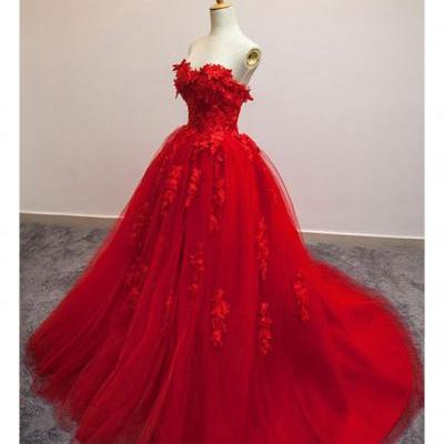 Hot Selling Wedding Dress,A-Line Wedding Dress,Ball Gown Wedding Dress,Poofy Sweetheart Bridal Dress,Red Floral Lace Long Wedding Dress,Strapless Red Tulle Wedding Dress