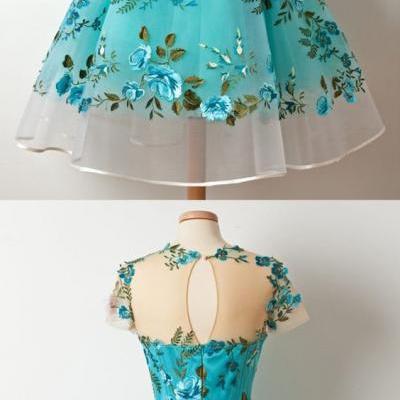A-Line Jewel Tea-Length Short Sleeves Blue Organza Homecoming Dress with Embroidery Appliques