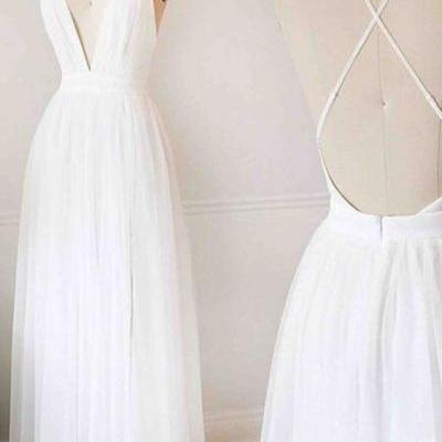 White Prom Dresses,Long Prom Dresses,Backless Prom Dresses,A-line Tulle Prom Dresses,Prom Dresses For Teens,Elegant Prom Dresses,Pretty Prom Gowns,Simple Cheap Prom Dress,Cute Dresses,V-neck Party Dresses 