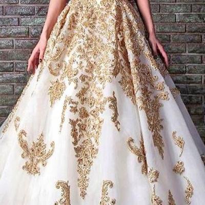 White and gold lace ball gown,A-line sweetheart long prom dress,evening dress