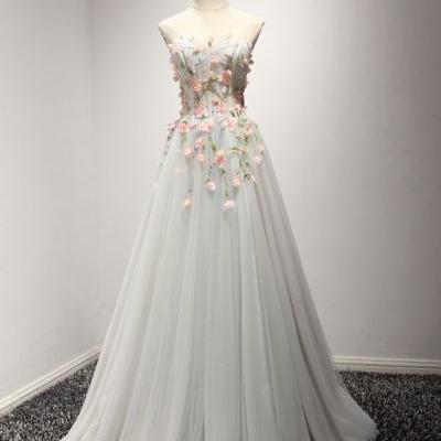 Strapless Soft Gray Prom Formal Home Coming Dress with Flowers