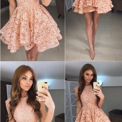Charming A-Line Round Neck Lace Short Homecoming Dress
