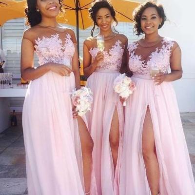 Lace Appliqued Sexy Bridesmaid Dresses,Pink Bridesmaid Dresses,Long Bridesmaid Dresses with Slit