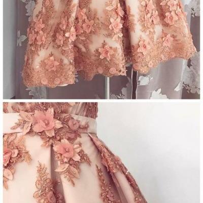A-line V-neck Homecoming Dress Pearl Pink Tulle Short Prom Dress