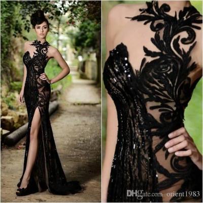 Collection Sexy Sequins Mermaid Long Evening Dresses Black Applique Sleeveless Sweep Train Tulle Split Side Party Prom Gowns