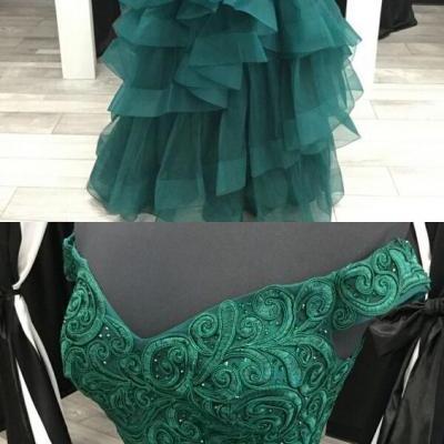 Elegant Two Piece A-Line Off-The-Shoulder Green Tiered Long Prom Dress With Appliques,PD349