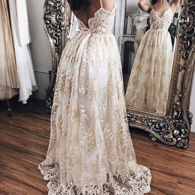 Champagne Lace With White Lining Prom Dresses,Princess Prom Dresses,Lace Prom Dresses,Evening Gowns,Women Dresses,Backless Prom Dresses,Lace Prom Dresses,V-neck Prom Dress.Wedding Dresses