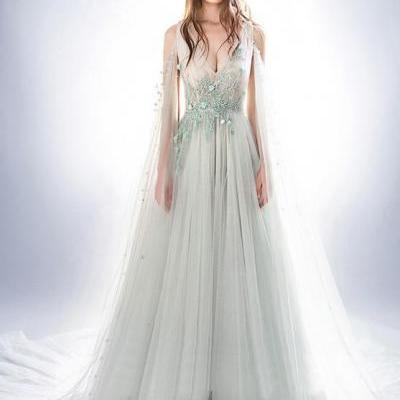 Charming A-Line V-Neck Tulle Long Prom Dress with Appliques and Beading,P646