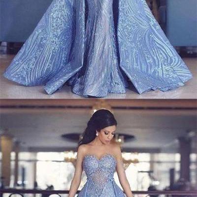 Elegant Sweetheart Mermaid Prom Dress With Detachable Train,Fashion Blue Evening Dresses,P667