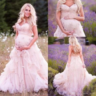 Romantic Blush Country Pregnant Wedding Dresses Sweetheart Hand Made Flower Tired Backless Lace-up Tulle Bridal Gowns Sweep Train,P691