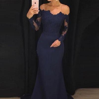 Navy Mermaid Off the Shoulder Long Prom Dresses with Long Sleeves,P926