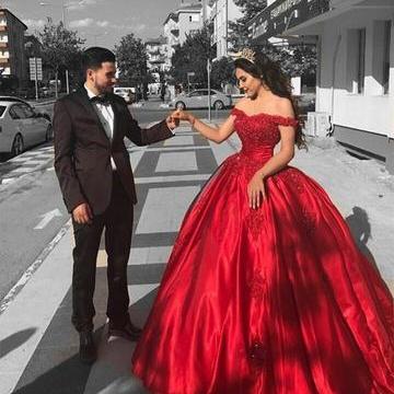 Red Satin Off The Shoulder Ball Gowns Wedding Dresses Lace Appliques,P979