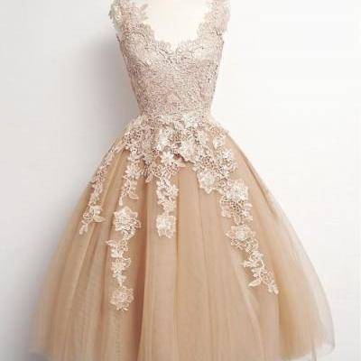Vintage Champagne Lace Tulle Homecoming Dresses,Simple Short Prom Dresses,Party Dresses,H1059