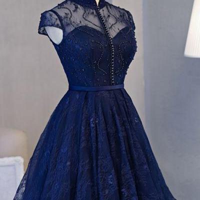 Hot Sale A-line/Princess Prom Homecoming Dresses Short Navy Dresses With Lace Up Bandage Mini Splendid Homecoming Dresses ,H1082