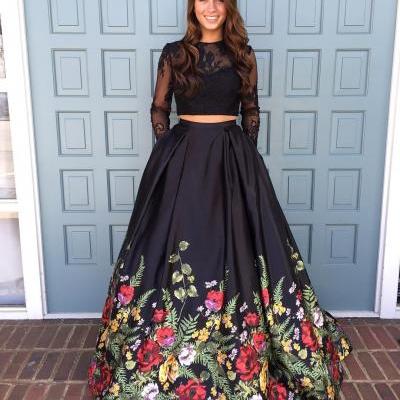 Two Piece Prom Dress,Black Floral Long Prom Dress, Long Sleeves Prom Dress,P1675