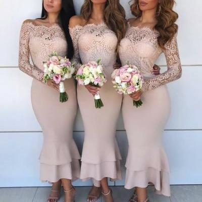 Off the Shoulder Tea Length Nude Bridesmaid Dresses with Lace Sleeve,BD1733