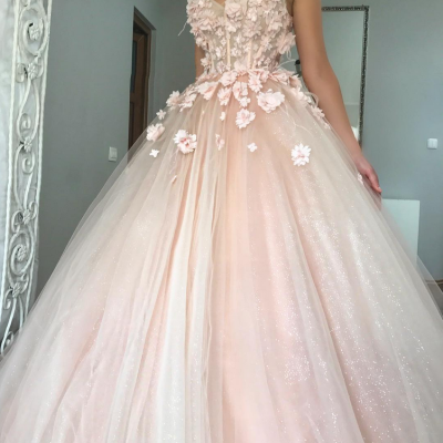 Charming Ball Gown Wedding Dress, Appliques Pink Tulle Bridal Dresses,W1790
