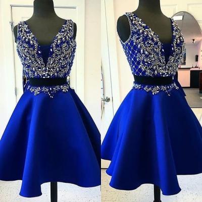Royal Blue Homecoming Dresses,Beading Bodice Homecoming Dresses, Short Mini Satin Homecoming Dresses,Cocktail Dresses,Party Dresses,H2074