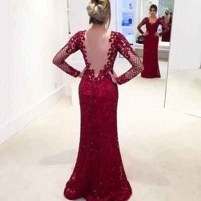 Burgundy Open Back Prom Dress with Applique,Charming Long Sleeve Prom Dress,P2202