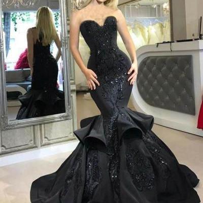 Sexy Black Mermaid Prom Dresses Ruffles 2018 Strapless Evening Gowns with Appliques Sequined Long Formal Dress,P2245