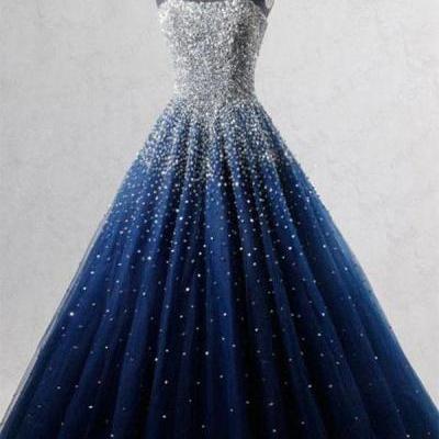 A-Line Blue Sweetheart Sequin Spaghetti Straps Tulle Long Lace up Prom Dresses,P2417