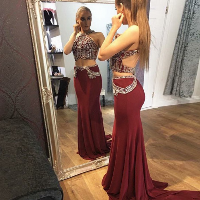 Two Piece Round Neck Open Back Sweep Train Burgundy Prom Dress with Beading,P2427