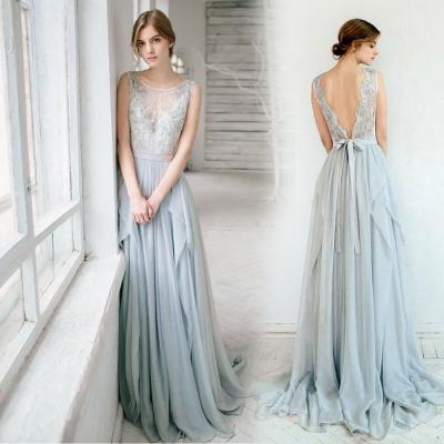 Elegant Grey Lace Chiffon Long Bridesmaid Dresses,Backless Layered Prom Evening Dresses,P2466