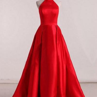 Sleeveless Halter Open Back Prom Dresses,A Line Satin Evening Dresses,P2480