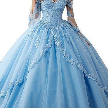 Women’s Long Sleeve Lace Quinceanera Dresses Train V-Neck Ball Gown,P2658