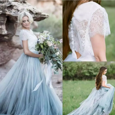 2017 Fairy Beach Boho Lace Wedding Dresses A Line Soft Tulle Cap Sleeves Backless Light Blue Skirts Plus Size Bohemian Bridal Gown,W2603