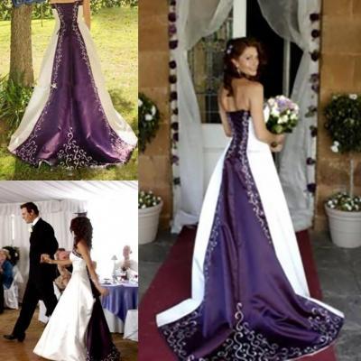 Hot White and Purple Wedding Dresses 2019 Embroidery Vestido de Custom made A-Line Strapless Lace up Back Chapel Train Bridal Gowns,P2739