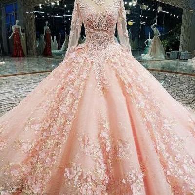 Long Sleeve Appliques Tulle Quinceanera Dresses with Flower, Elegant Beaded Ball Gown Prom Dresses, Formal Evening Dress,P2857