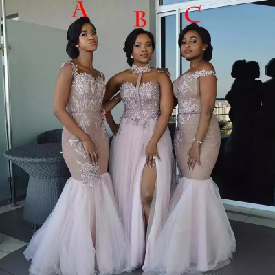 African Bridesmaid Dresses Long Mixed Style Appliques Off Shoulder Mermaid Prom Dress Split Side Maid Of Honor Dresses Evening Wear,B3042