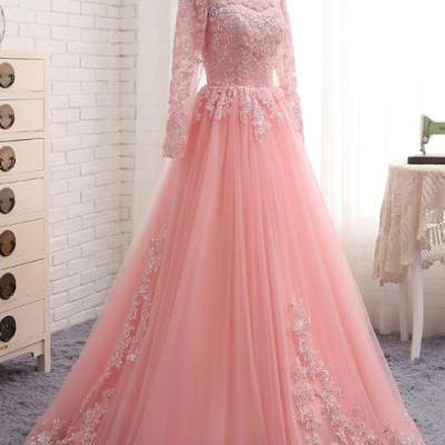 A-Line Pink Tulle Lace Appliques Long Sleeve Prom Dress,P3163
