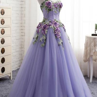 A-Line Purple Tulle Embroidery Appliques Sweetheart Neck Prom Dress,P3164