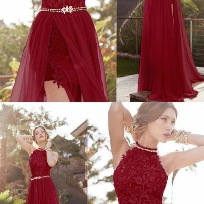 Burgundy Halter Lace Long Evening Formal Gown Prom dress with Sexy Slit,P3597