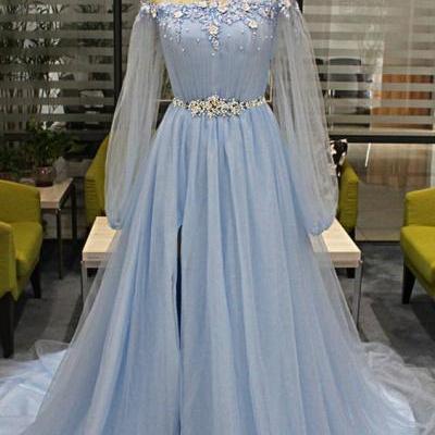 Baby Blue Tulle Long Beaded Sweet 16 Prom Dress With Sleeves, Slit Evening Dress,P3662