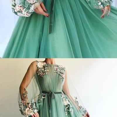 Charming Green Prom Dress with Appliques Long Evening Dress,P3686