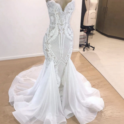 Luxury Elegant Mermaid Wedding Dress 2019 Trumpet V-neck Sleeveless African Bling Bridal White Sequin Beach Wedding Gowns,w3800