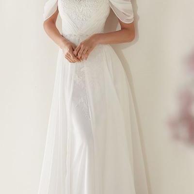 Awesome White Chiffon Lace Appliques Wedding Dress,Off Shoulder Spaghetti Straps Sheath Bridal Dress,Long Prom Dress,W3966