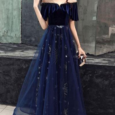 Dark blue tulle lace long prom dress, blue evening dress ,P4084