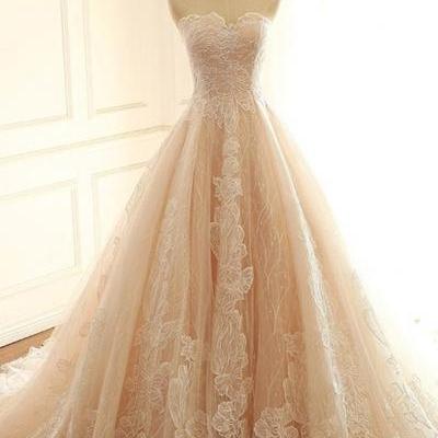 Light Champagne Lace Sweetheart Neck Long Strapless Evening Dress, Formal Prom Dress,P4151