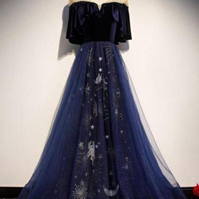 Blue Floral Print Tulle Long Satin V Neck Beaded Prom Dress, Formal Dress,P4152