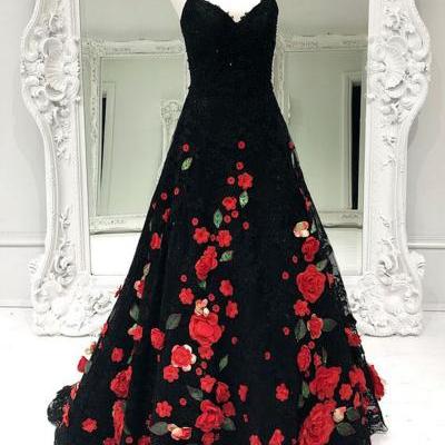 P3471 Gorgeous black flower lace long customize prom dress, black evening dress