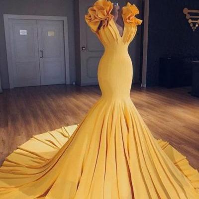 P3596 Sexy Unique party dress yellow v neck long prom gown,mermaid evening dress