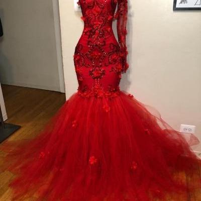 P3612 One Shoulder Mermaid Red Prom Dress,Tulle Beaded Prom Dresses,Red Evening Dresses,