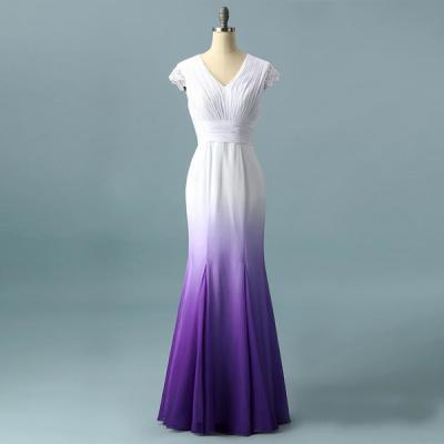 W3669 Real Photos White Purple Ombre Wedding Gowns Lace Appliques Modest Bridal Dresses Open Back Cap Sleeve Bride Dress